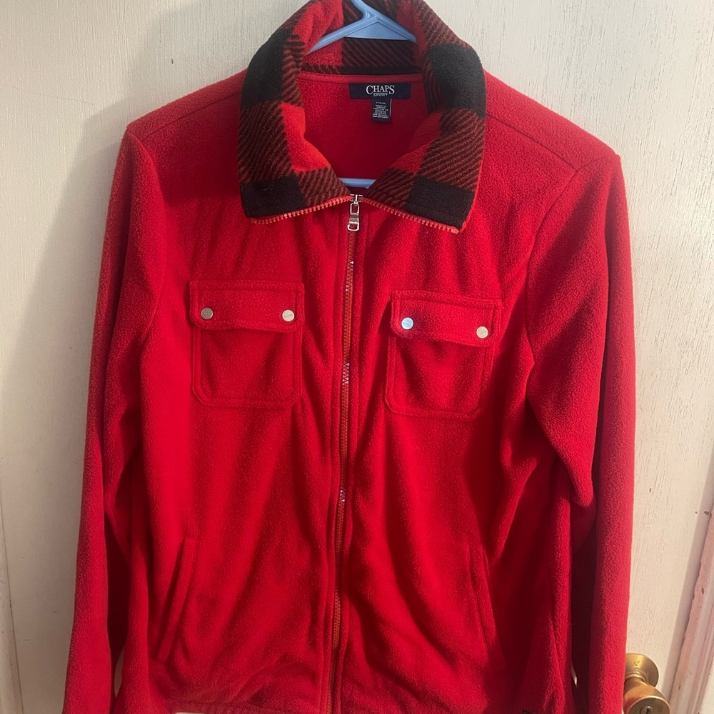 Women’s Chaps Sport Fleece Zipper Jacket! Red With A Checkered Collar! Large